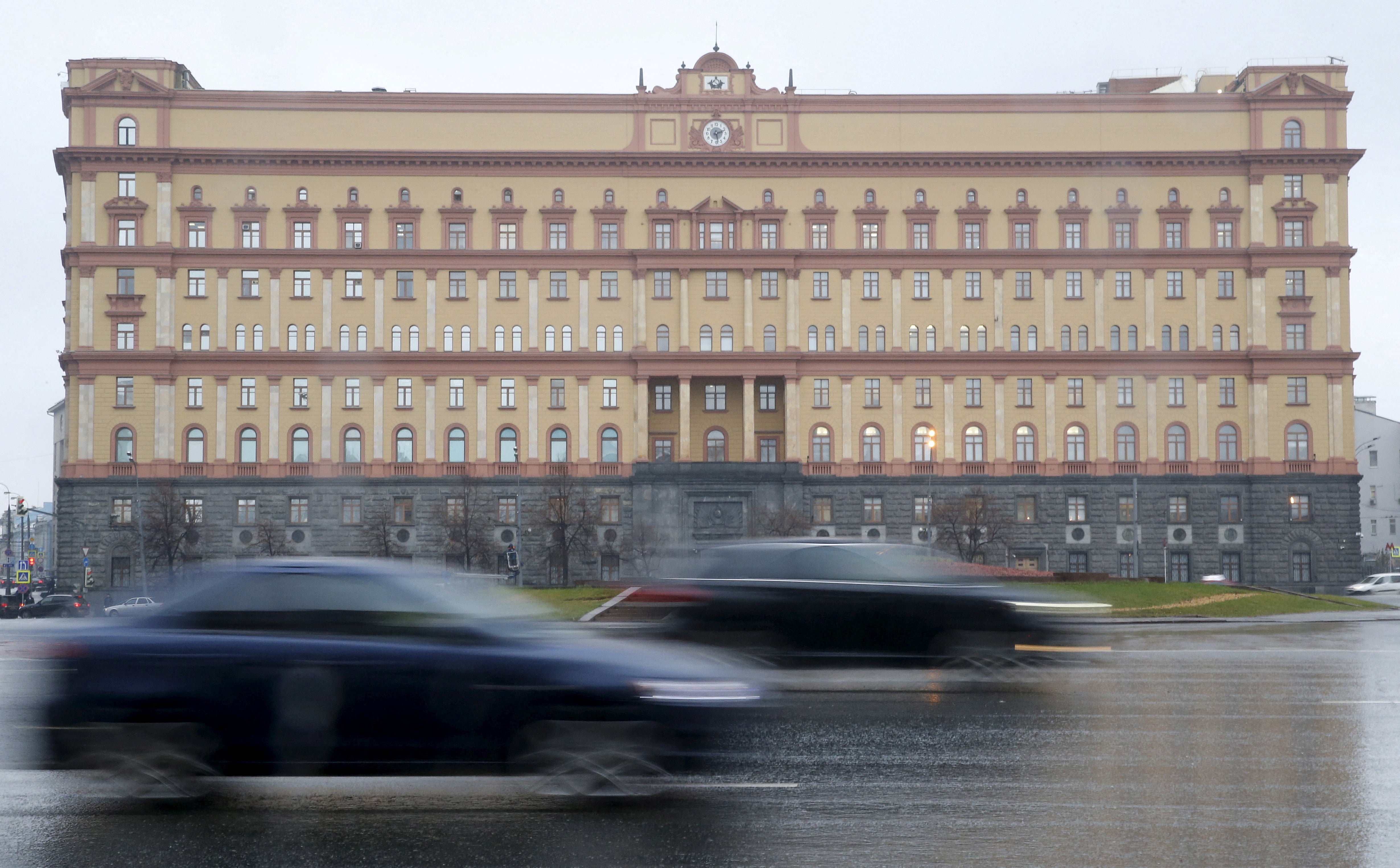 Cars drive past the headquarters of the Federal Security Service (FSB) in central Moscow, Russia, November