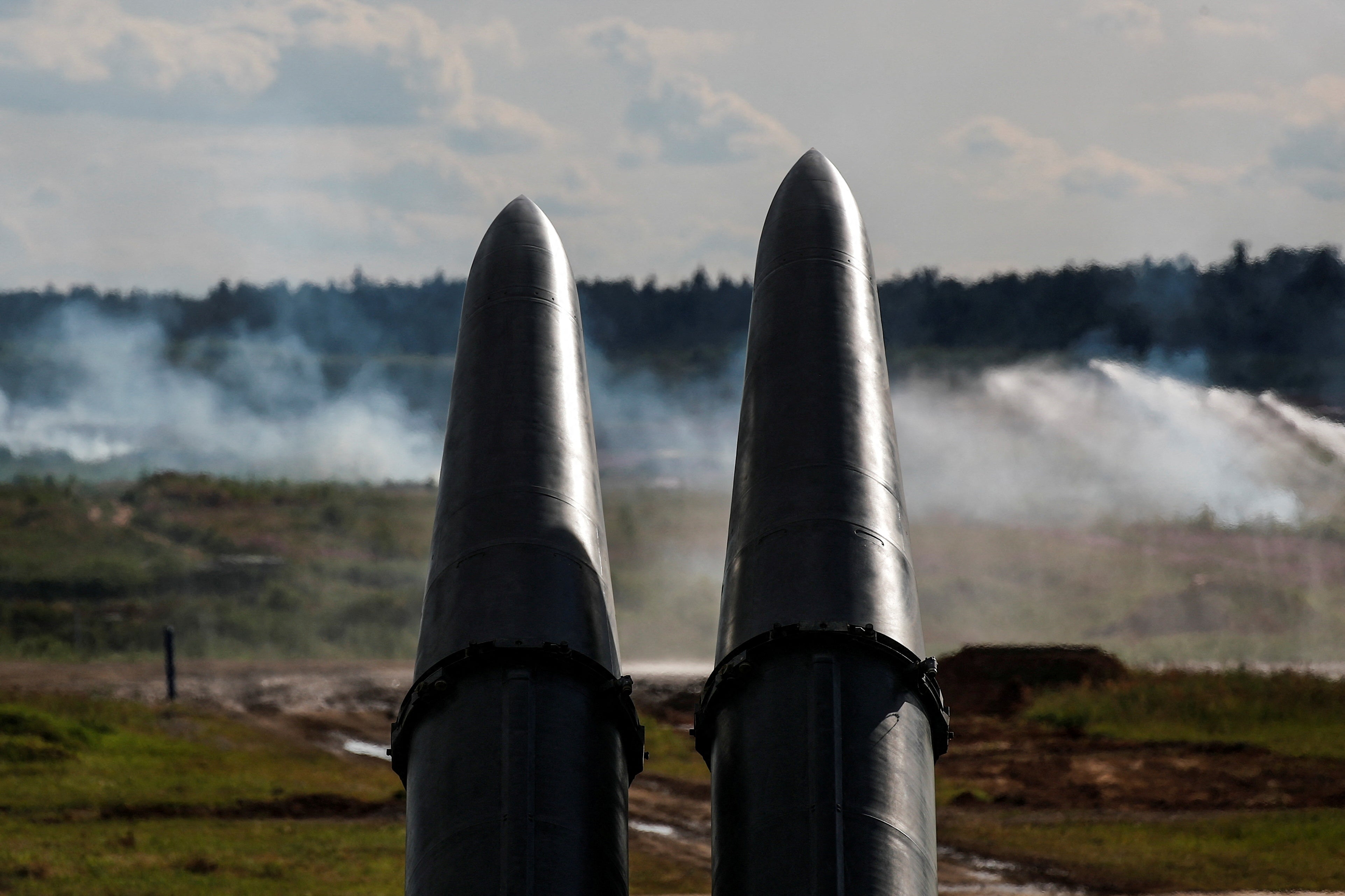 9М723 missiles, part of Iskander-M missile complex, are seen during a demonstration at the International military-technical forum ARMY-2019