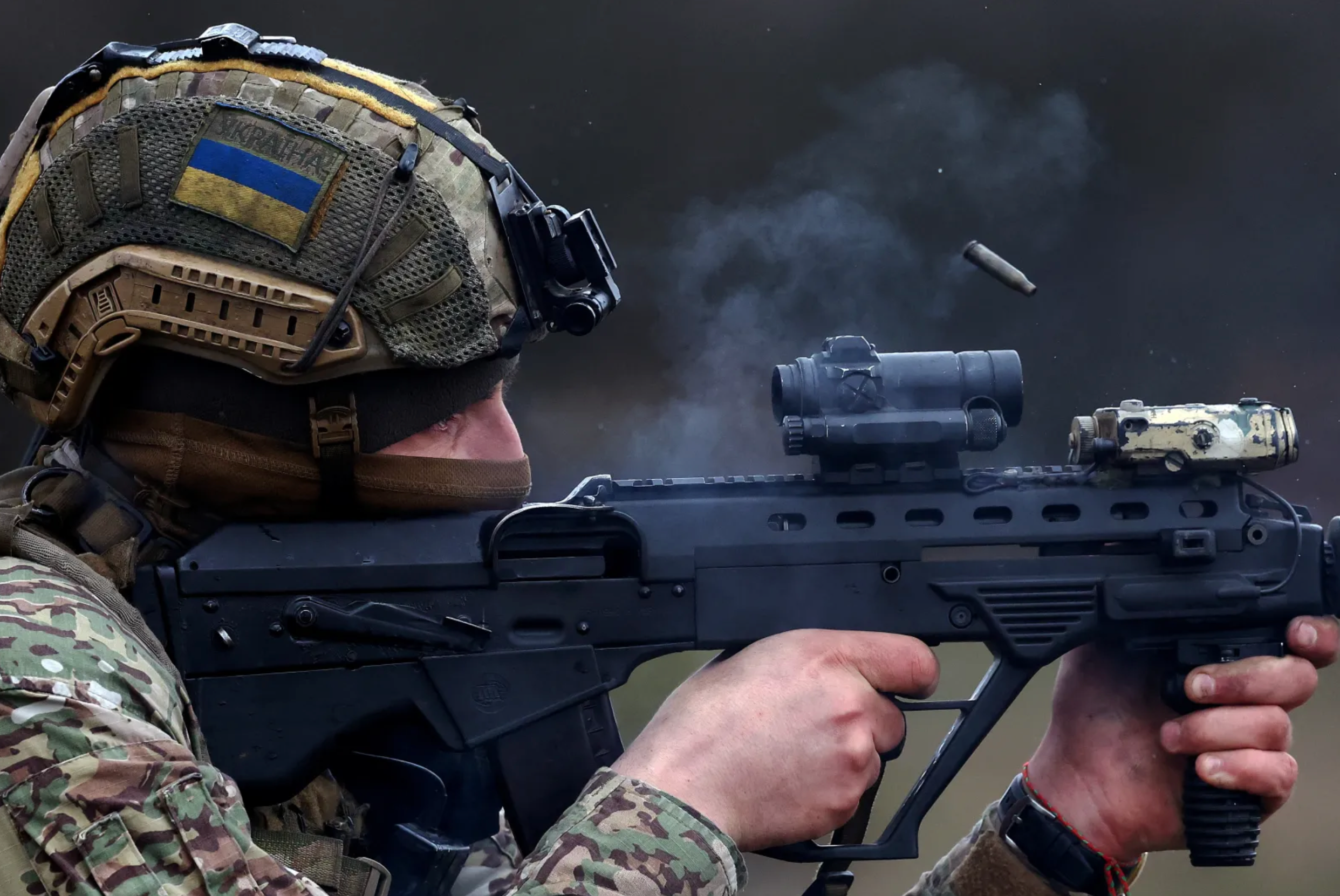 A Ukrainian soldier is seen firing a Malyuk rifle, Bakhmut, Ukraine, April 2023.