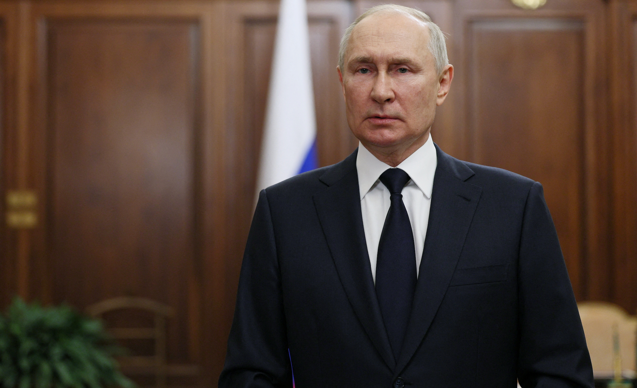 Russian President Vladimir Putin gives a televised address in Moscow, Russia