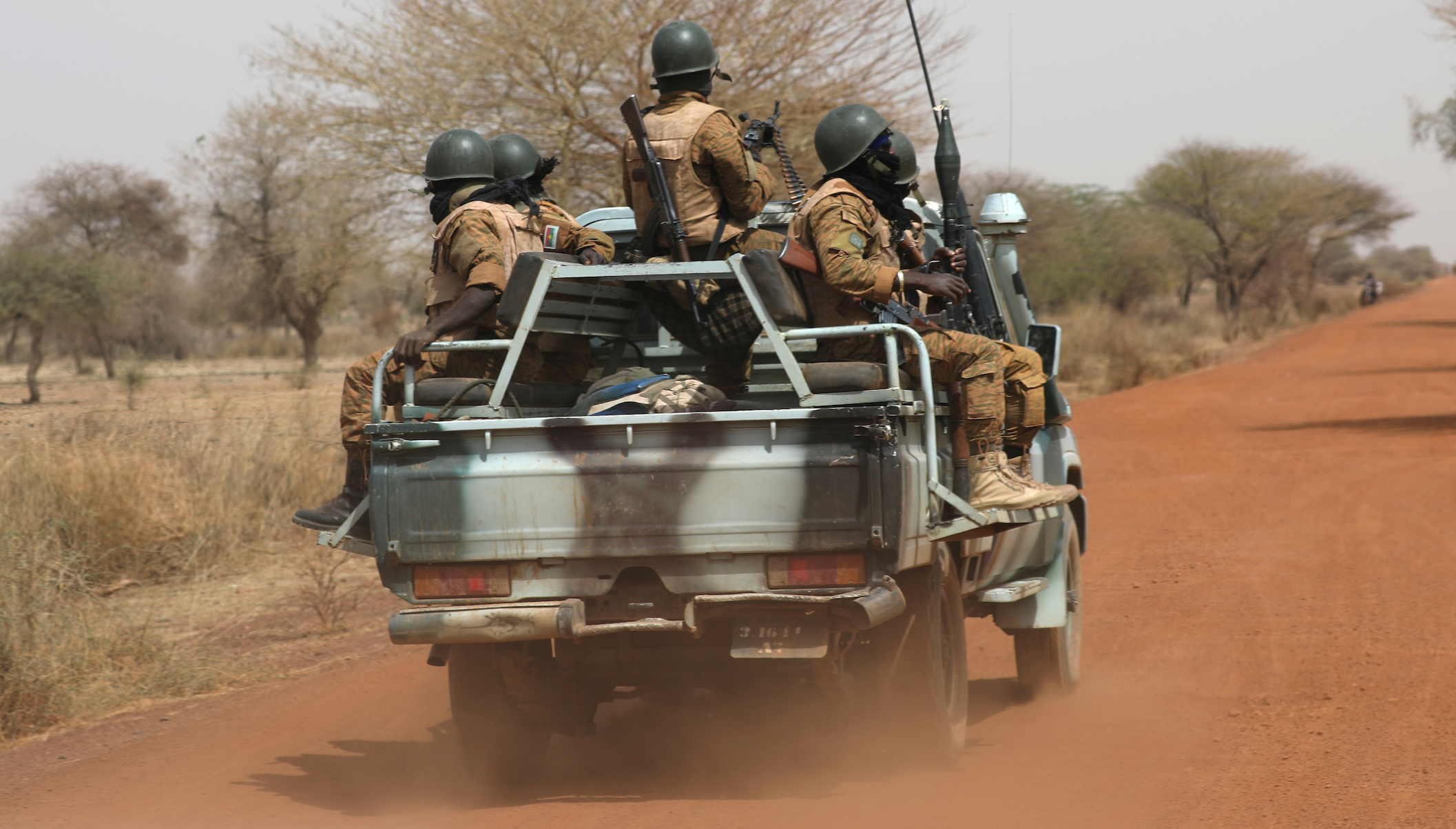 Soldiers from Burkina Faso patrol on the road of Gorgadji in sahel area, Burkina Faso