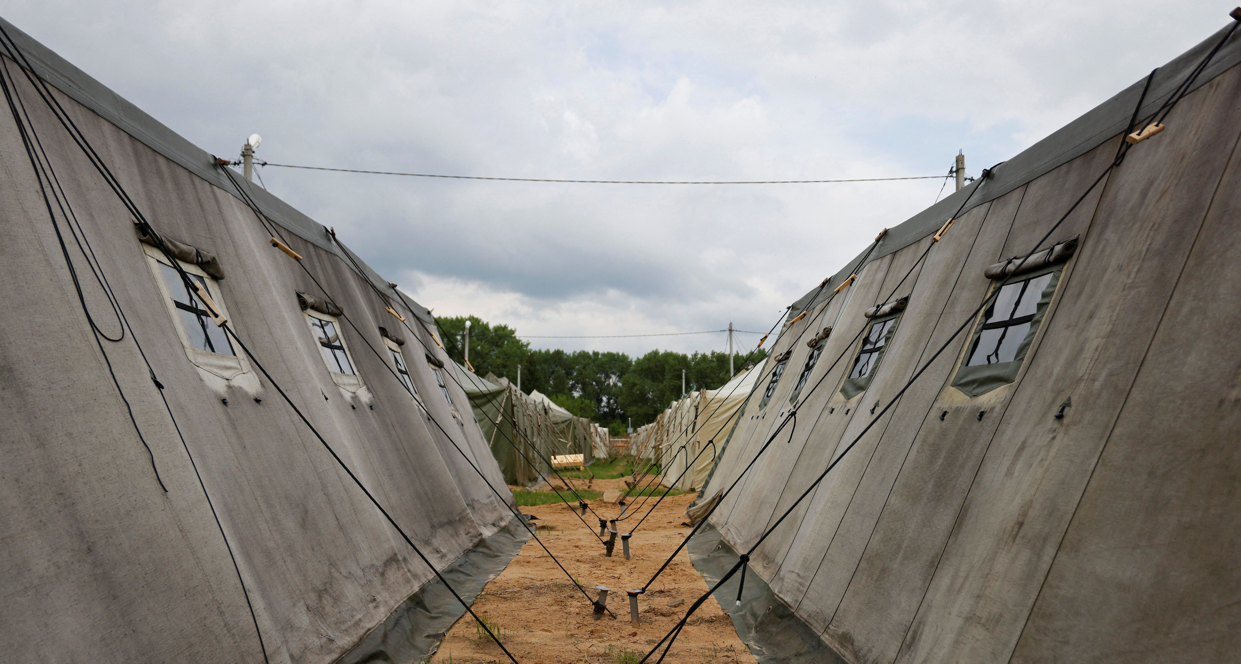 A view shows a tent camp, which, according to the Belarusian Defence Ministry