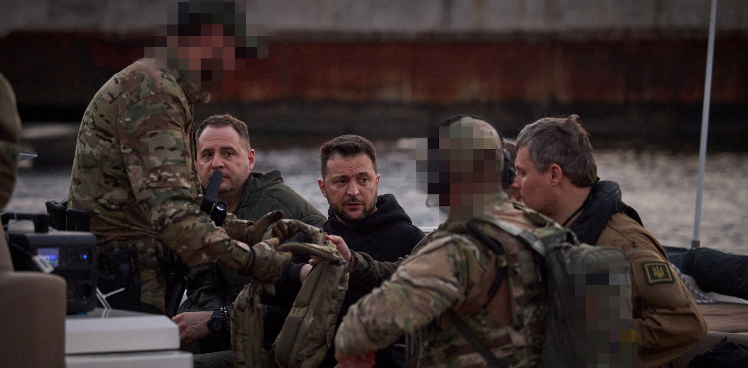 Ukraine's President Volodymyr Zelenskiy is seen in a boat as he visits Snake (Zmiinyi) Island in the Black Sea