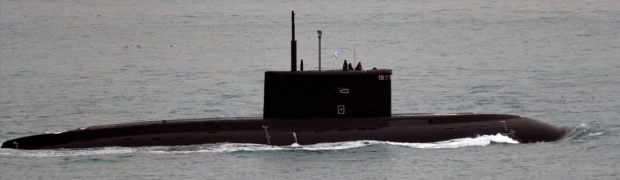 The Russian Kilo-class diesel-electric submarine Krasnodar sails in the Bosphorus, on its way to the Mediterranean Sea