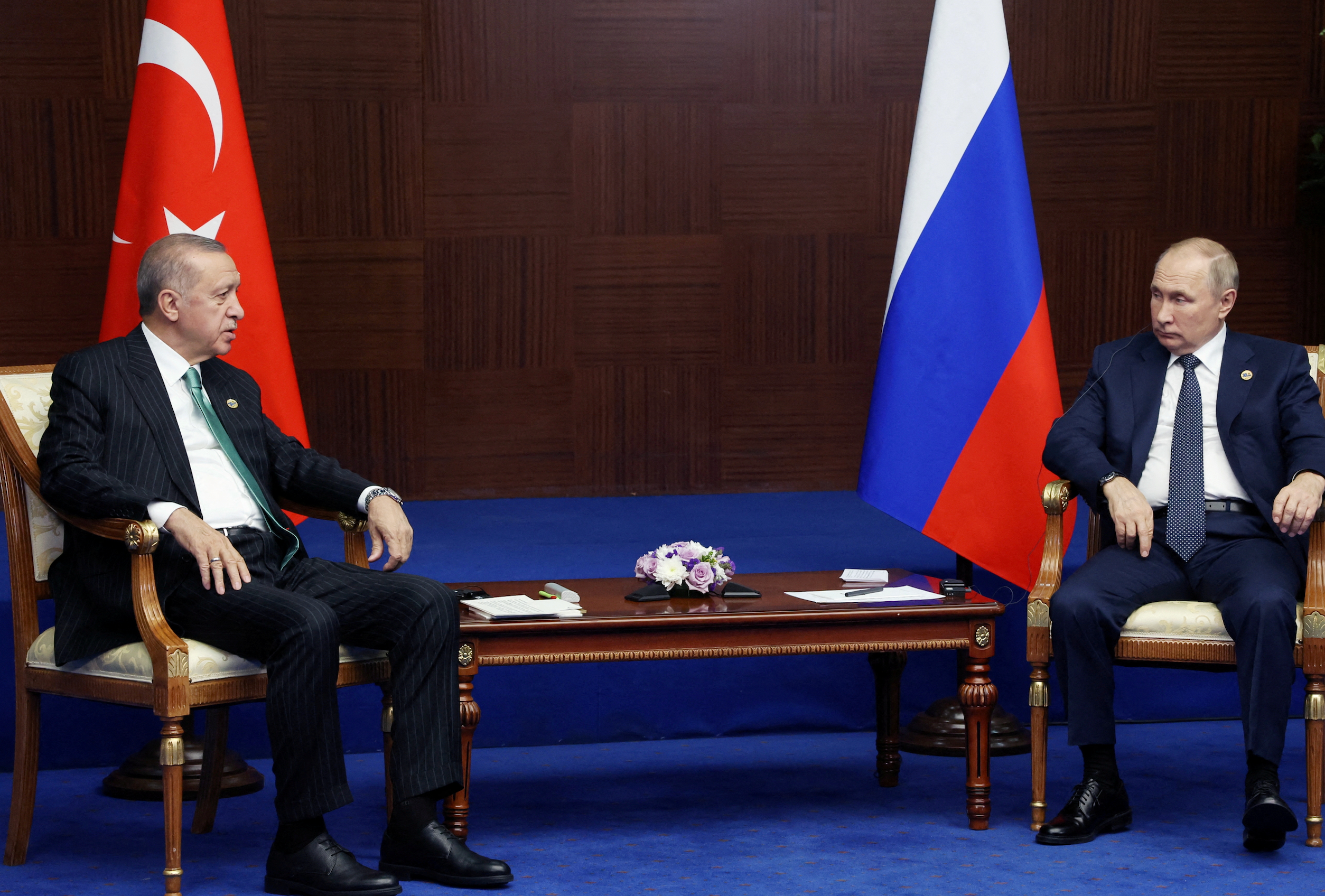Russia's President Vladimir Putin and Turkey's President Tayyip Erdogan meet on the sidelines of the 6th summit of the Conference on Interaction and Confidence-building Measures in Asia