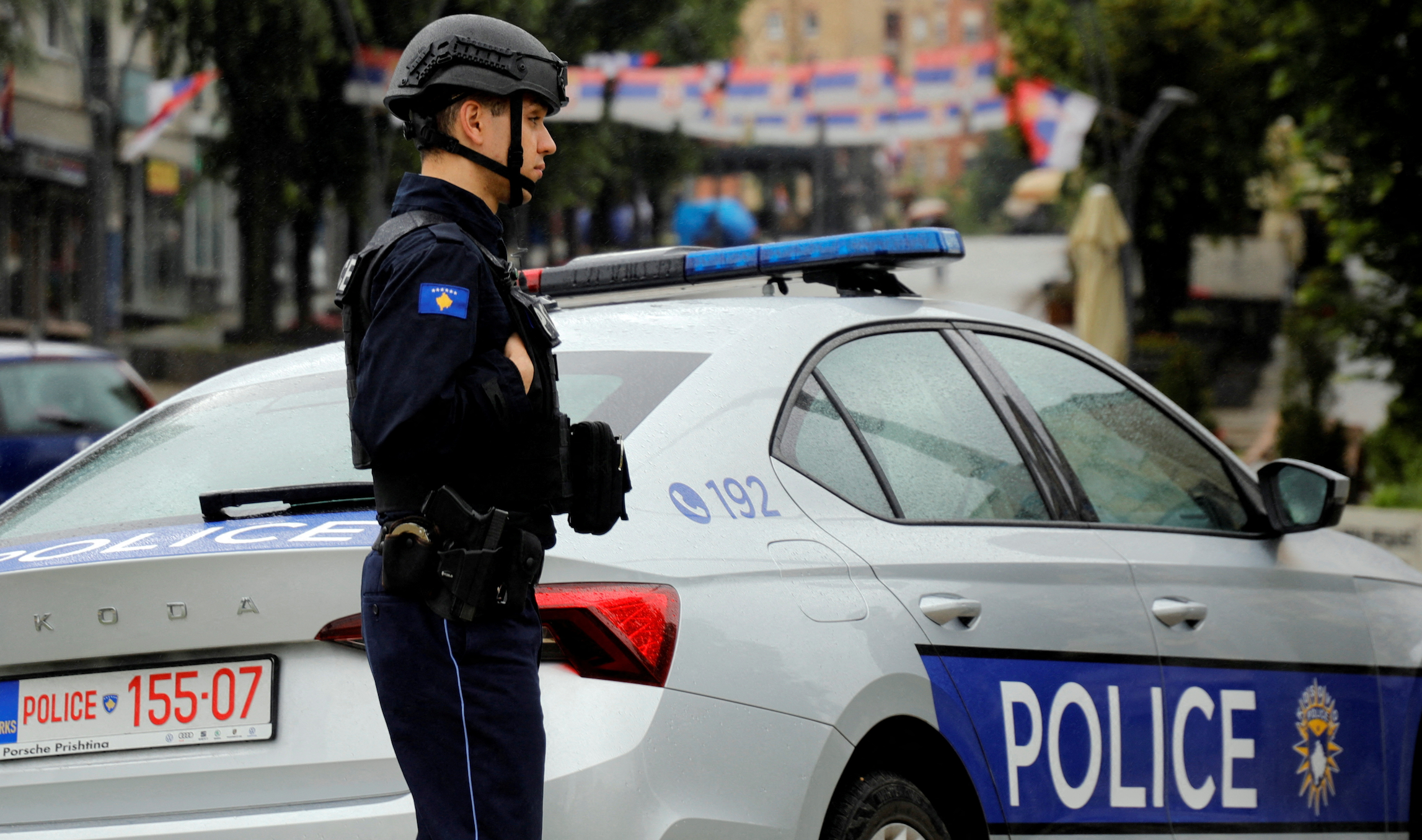 A Kosovo police officer patrols in North Mitrovica