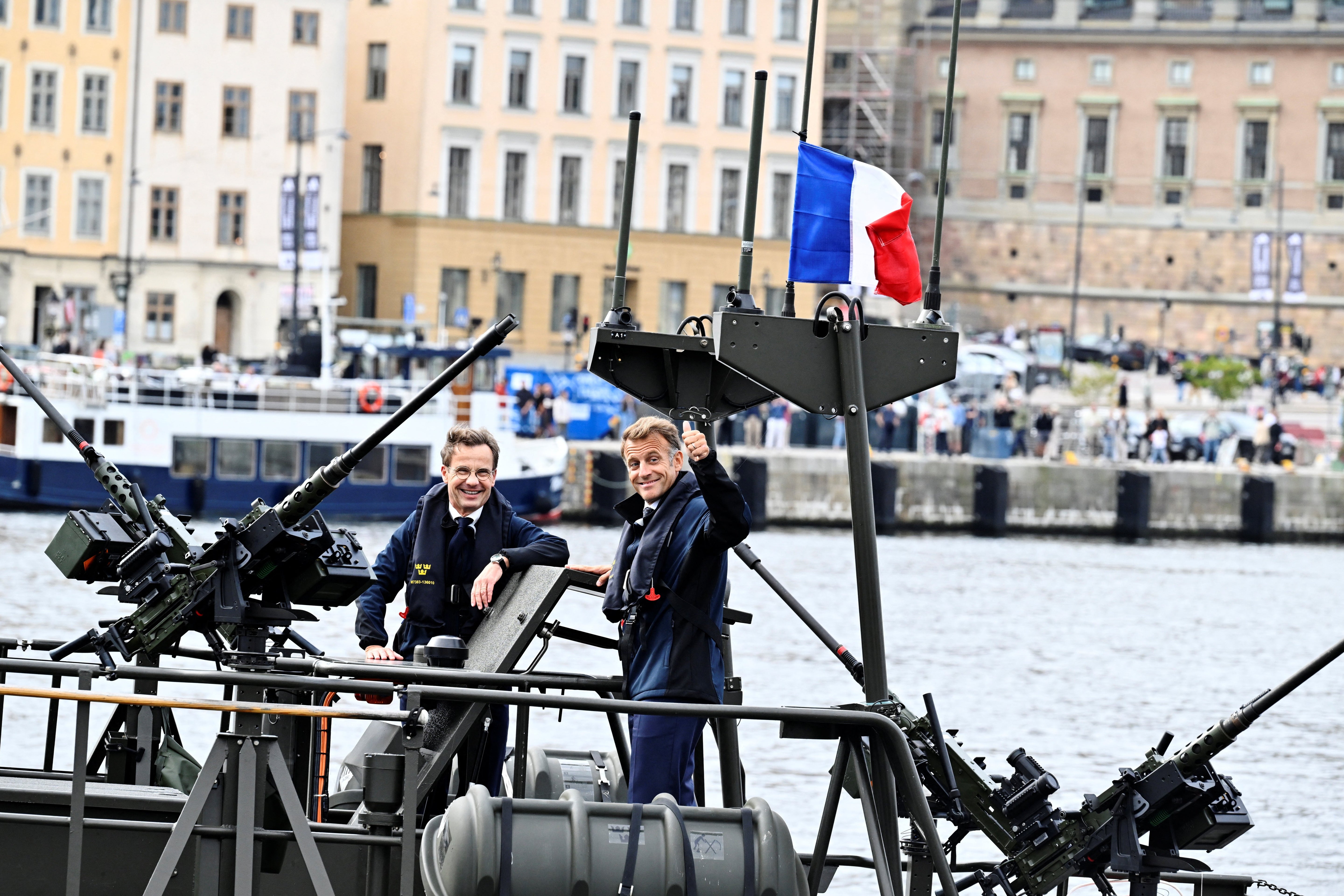 Swedish Prime Minister Ulf Kristersson and French President Emmanuel Macron on board a combat vessel during a bilateral meeting focusing on Sweden and France's deepened defense policy cooperation, in Stockholm, Sweden, August 31, 2026. TT News