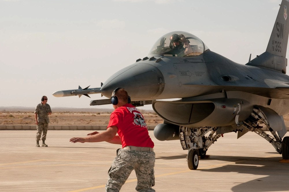 A U.S. Air Force F-16 operates at Muwaffaq Salti Air Base in Azraq, Jordan, in 2010. Three U.S. Army soldiers were killed in an Iranian strike on the base on July 17, 2026. U.S. Air Force photo by Tech. Sgt. Wolfram Stumpf.