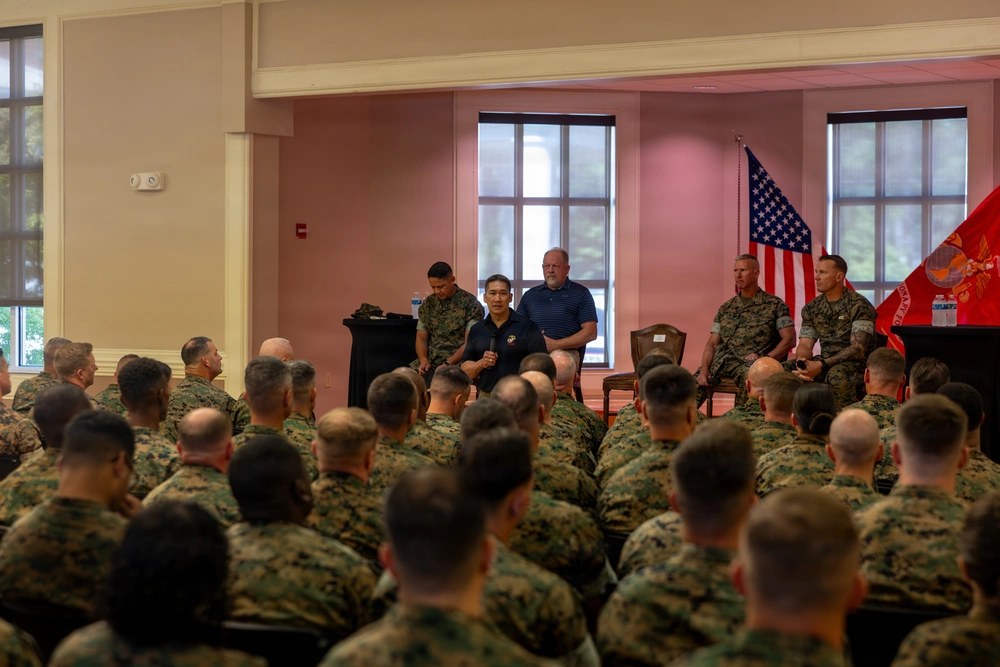 Acting Secretary of the Navy Hung Cao speaks to Marines and sailors at Camp Lejeune, North Carolina, Sept. 2, 2026. U.S. Marine Corps photo by Sgt. DeMontae Stovall.