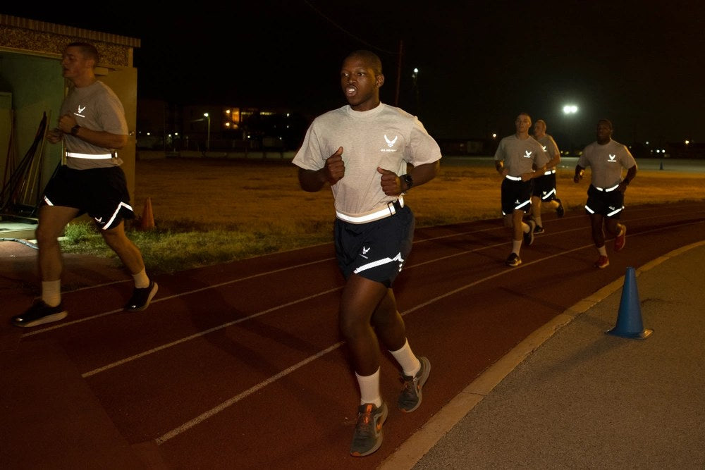 U.S. Air Force basic trainee Herve Shyaka completes his third-week fitness assessment during Basic Military Training at Joint Base San Antonio-Lackland, Texas, Aug. 22, 2022. U.S. Air Force photo by Brian Boisvert.