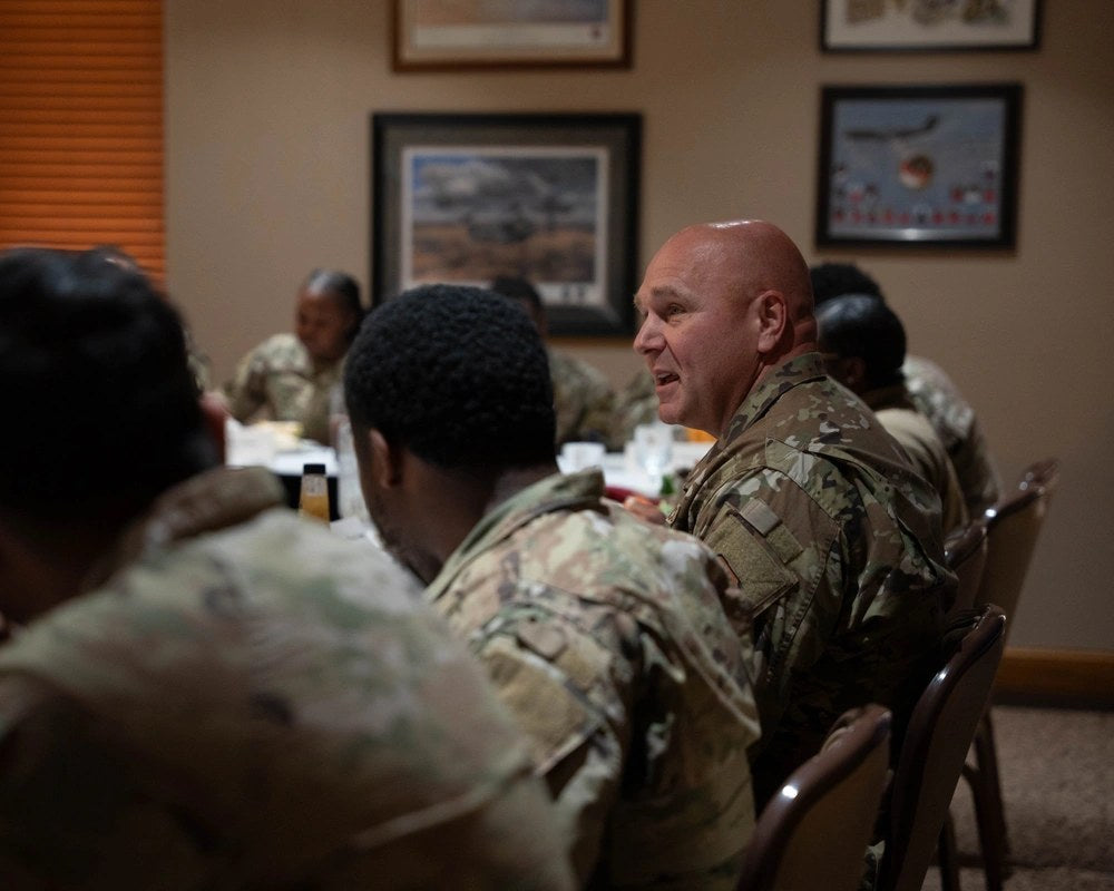 Chief Master Sgt. Anthony Green, then-command chief of Air Force Special Operations Command, speaks with Air Commandos at Cannon Air Force Base, New Mexico, on March 10, 2025. Green pleaded not guilty this week as his court-martial began at Hurlburt