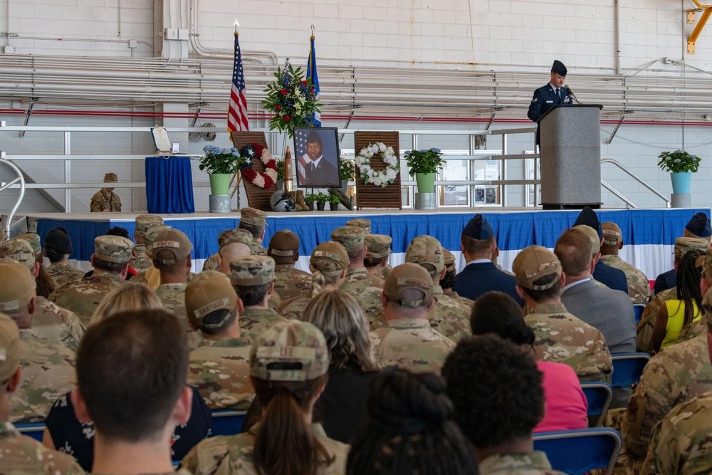 Airmen, family and friends attend a memorial service for Senior Airman Roger Fortson at Hurlburt Field, Florida, on May 20, 2024. Former Okaloosa County Sheriff’s Deputy Eddie Duran is now on trial for manslaughter in Fortson’s death. U.S. Air Force