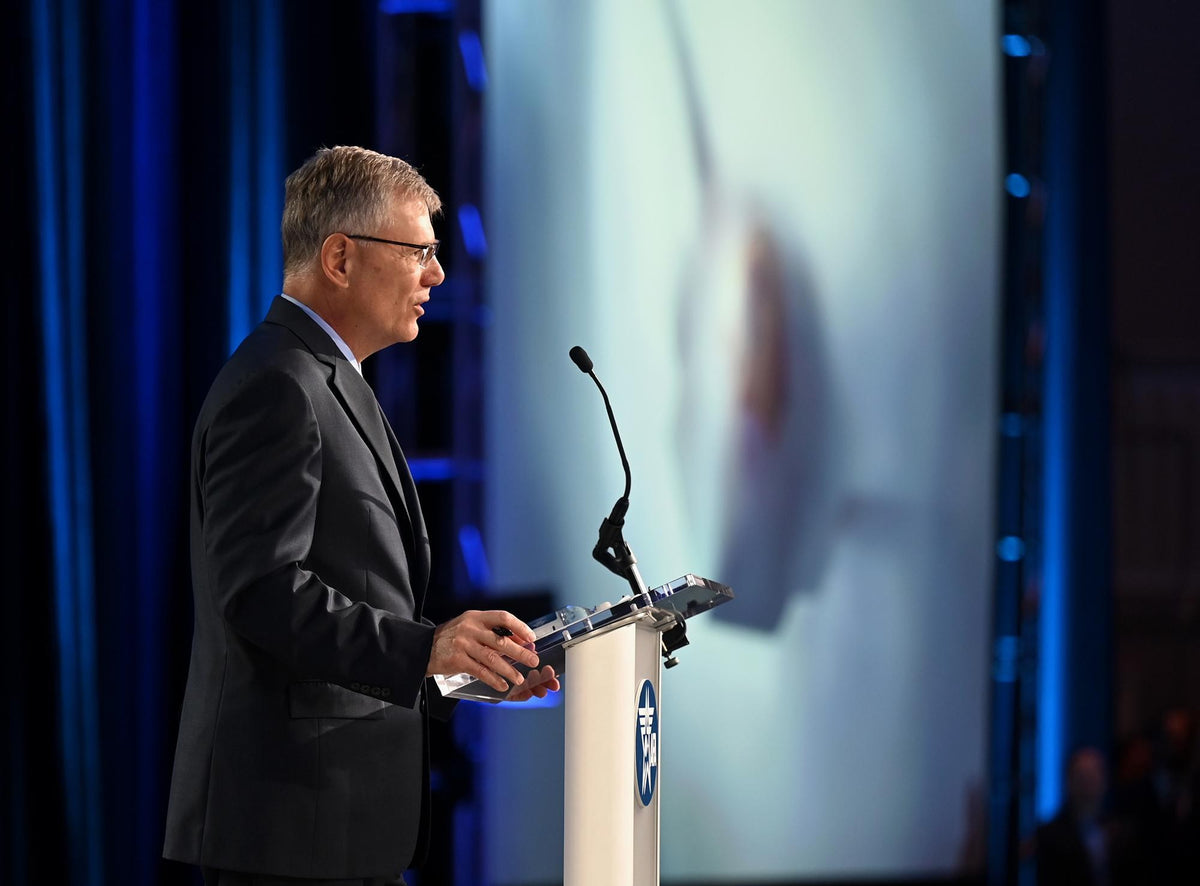 Secretary of the Air Force Troy Meink addresses the 2026 Air, Space and Cyber Conference. Meink used the appearance to publicly confirm that the United States operates weapons in orbit. U.S. Air Force photo.