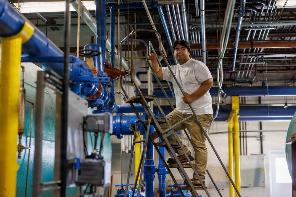 Bryan Harlan, a water plant operator, is pictured at Marine Corps Base Quantico's Mainside Water Treatment Plant in June 2026. The plant treats roughly 1 million gallons of drinking water each day. (U.S. Marine Corps photo by Lance Cpl. Federico Marquez)