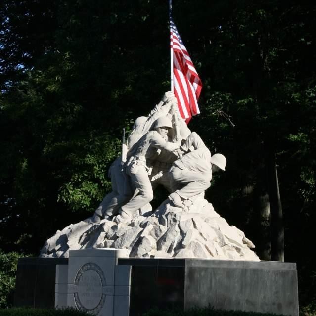 The historic Iwo Jima memorial near Marine Corps Base Quantico, Virginia, pictured before it was damaged on October 21, 2026. Police say a 27-year-old man attacked the limestone monument with a sledgehammer, knocking the head off one Marine figure and