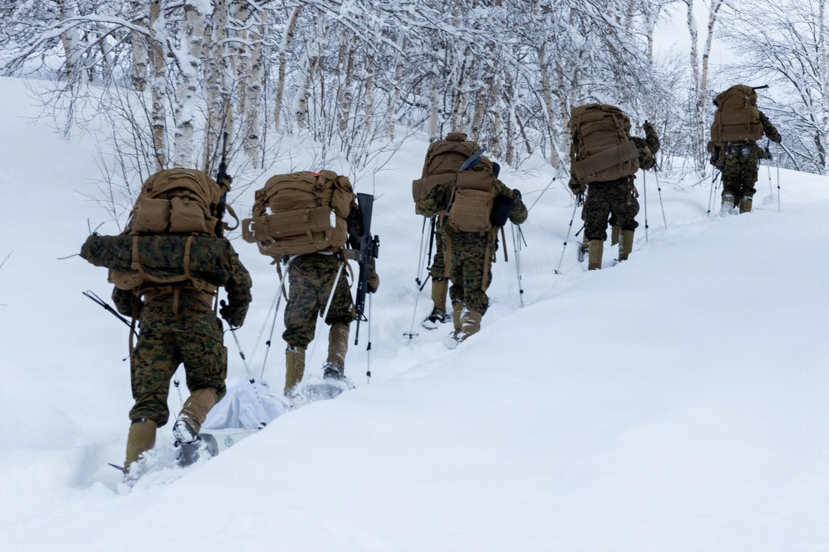 U.S. Marines move through deep snow near Setermoen, Norway, during cold-weather training for Exercise Cold Response 26 on Feb. 24, 2026. Newly disclosed military records show issued cold-weather boots failed during the Arctic training, prompting