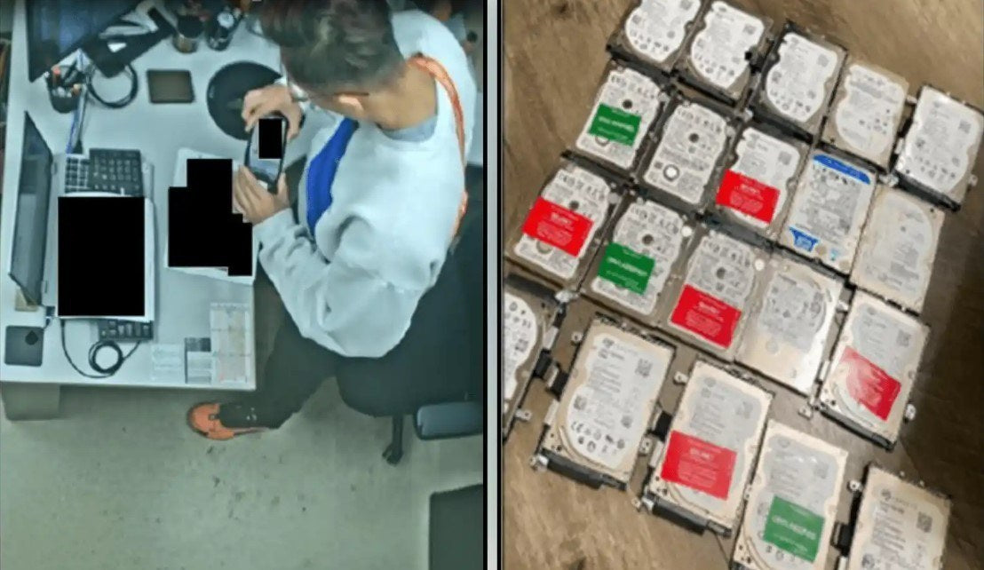 A court exhibit released in connection with a broader Army military-information case shows Sgt. Jian Zhao photographing restricted documents, left, and hard drives marked SECRET and UNCLASSIFIED seized during the investigation, right. Former Army soldier