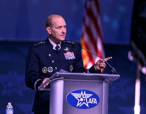 Chief of Space Operations Gen. Douglas Schiess speaks during the Air, Space & Cyber Conference in National Harbor, Maryland, Sept. 15, 2026. Schiess later described an incident in which officials were unable to reach the wife of an airman who had died