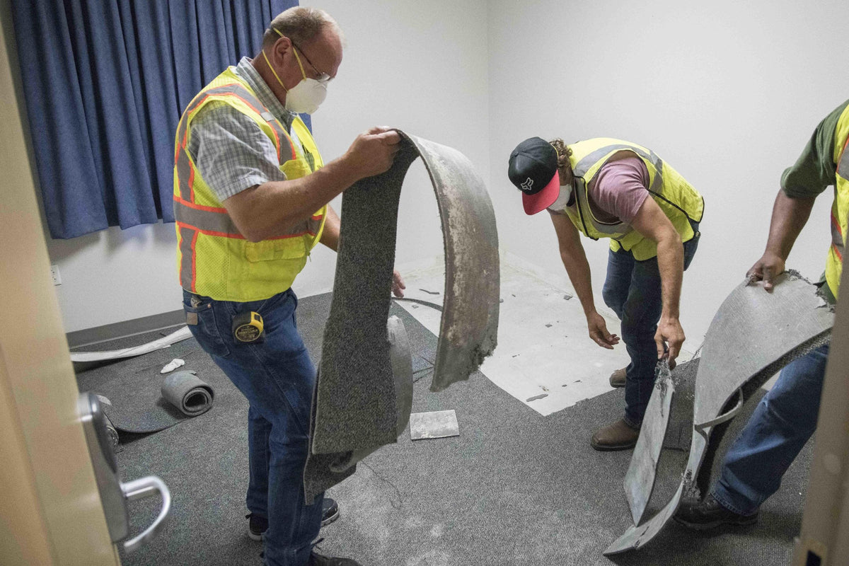 U.S. Air Force personnel remove carpeting during mold remediation work at Joint Base San Antonio-Lackland, Texas, on August 1, 2019. The archival photo illustrates military housing concerns raised by Deborah Oliver, who alleges that mold, moisture and