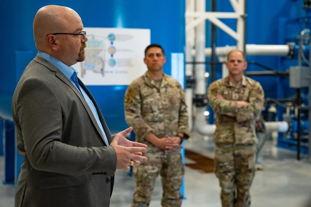 U.S. Air Force officials tour a PFAS treatment facility at Cannon Air Force Base, New Mexico, May 20, 2025. The Pentagon has pushed back PFAS investigation and cleanup timelines at 243 military installations nationwide. (U.S. Air Force photo by Airman