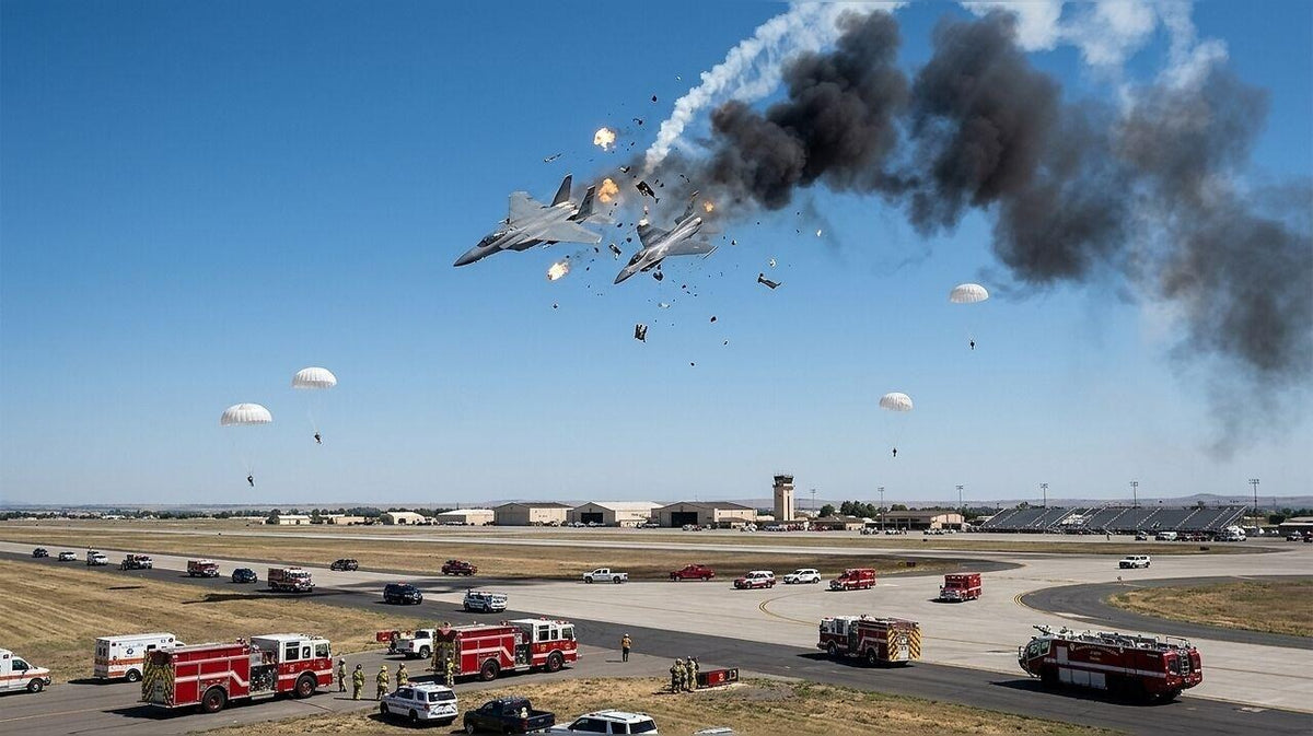 Four Navy aviators eject from two EA-18G Growlers following a midair collision at the Gunfighter Skies Air Show in Idaho on May 17, 2026. All four survived. The accident was among 16 major Navy aviation mishaps recorded in fiscal year 2026, the highest