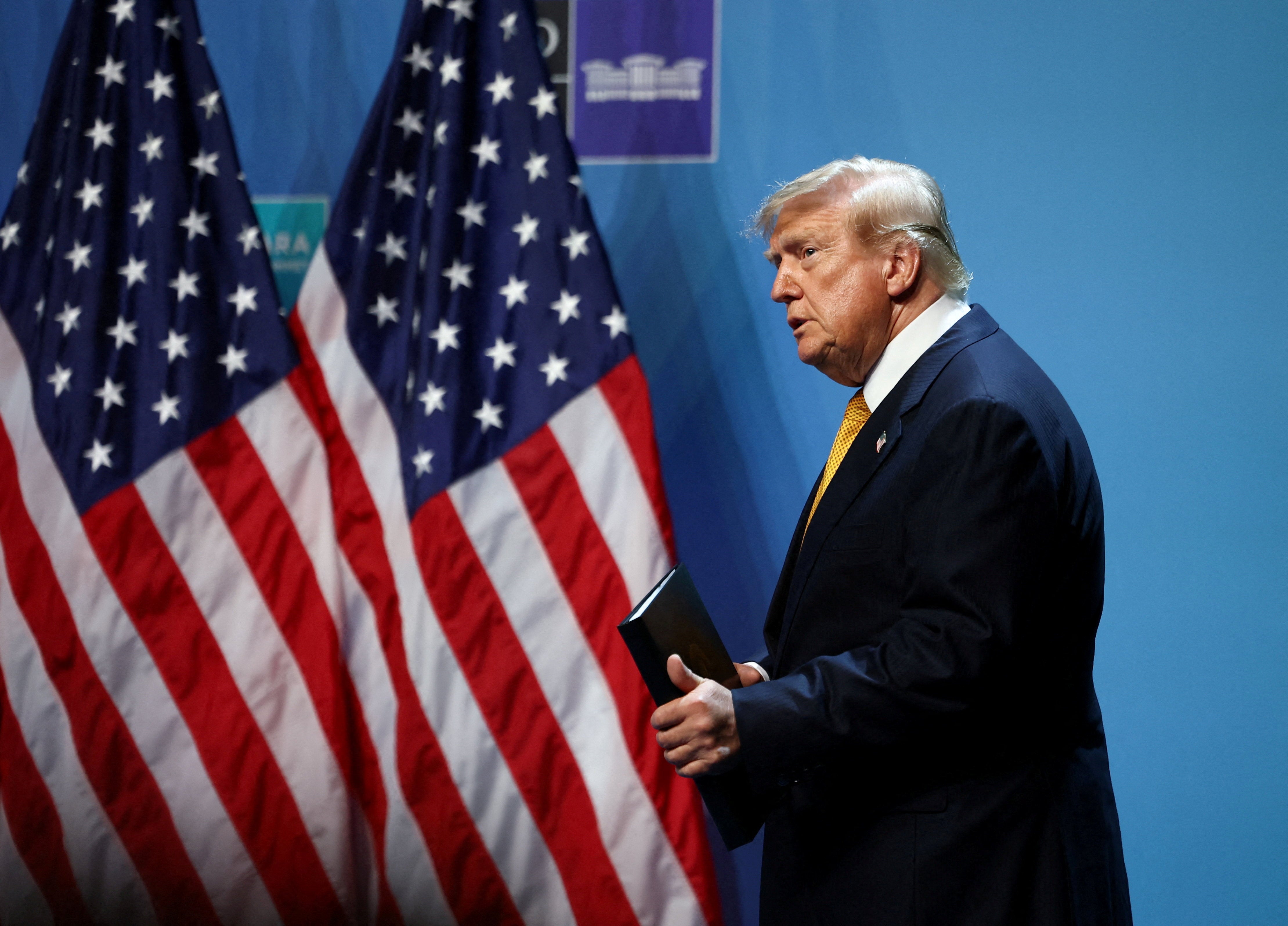 U.S. President Donald Trump arrives to speak to the media on the day of a NATO leaders' summit in Ankara, Turkey, July 8, 2026. REUTERS/Stoyan Nenov