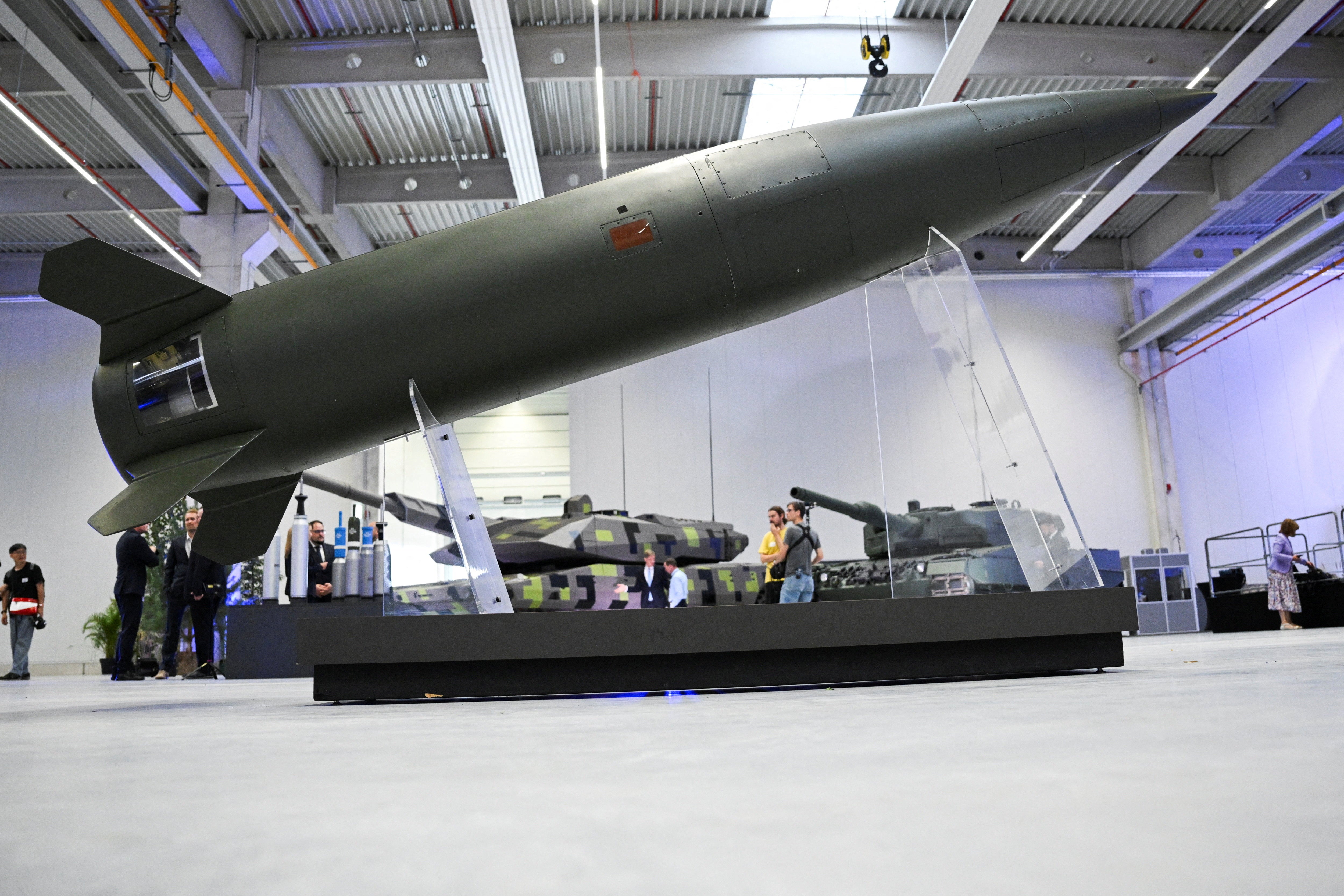 FILE PHOTO: An Army Tactical Missile System (ATACMS) is displayed during the inauguration of a new artillery plant of ammunition maker Rheinmetall, in Unterluess, Germany August 27, 2025. REUTERS/Annegret Hilse/File Photo