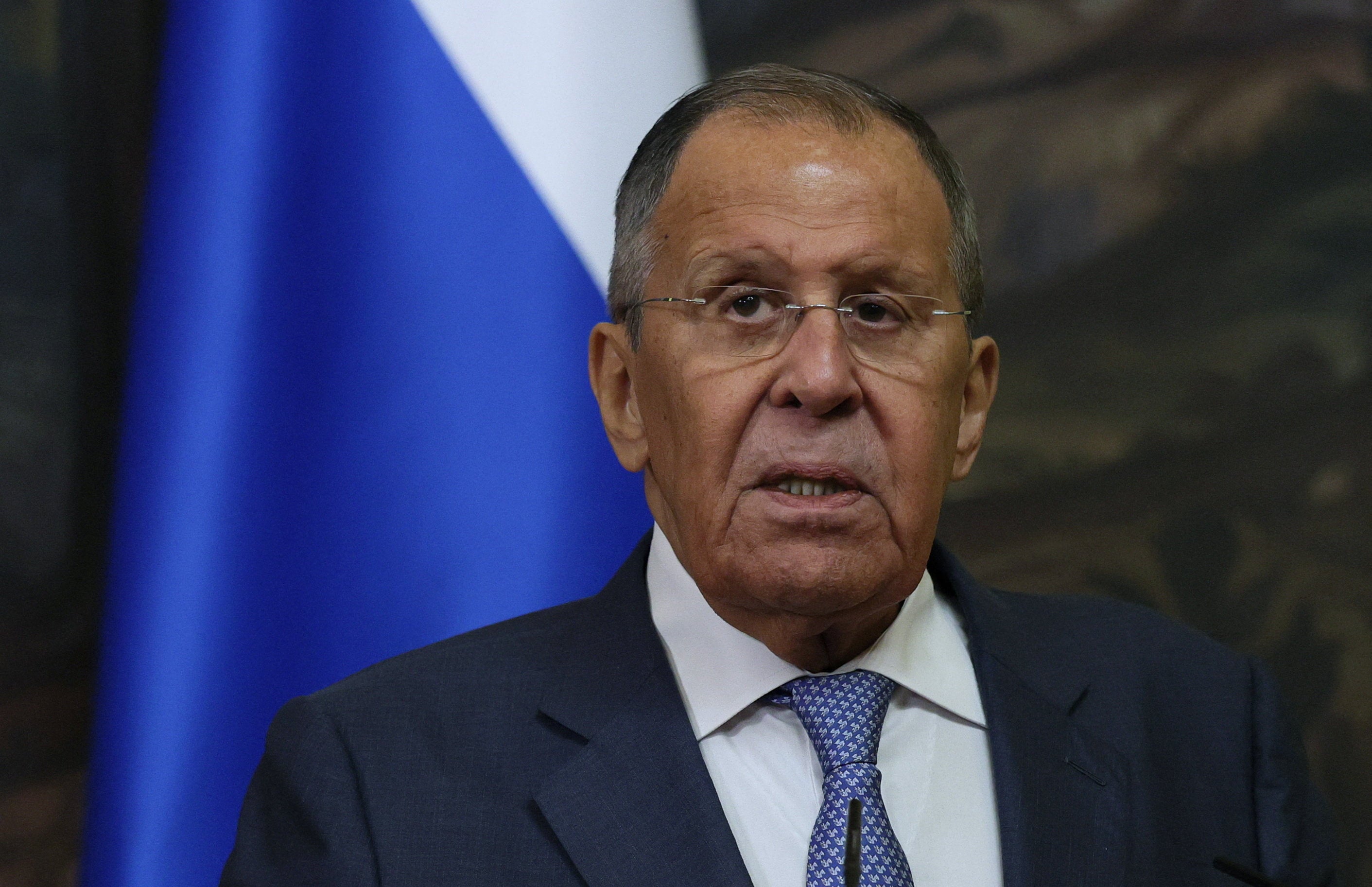 Russian Foreign Minister Sergei Lavrov attends a press conference with Archbishop Paul Richard Gallagher, Vatican envoy and Secretary for Relations with States and International Organisations of the Holy See, following their meeting in Moscow, Russia