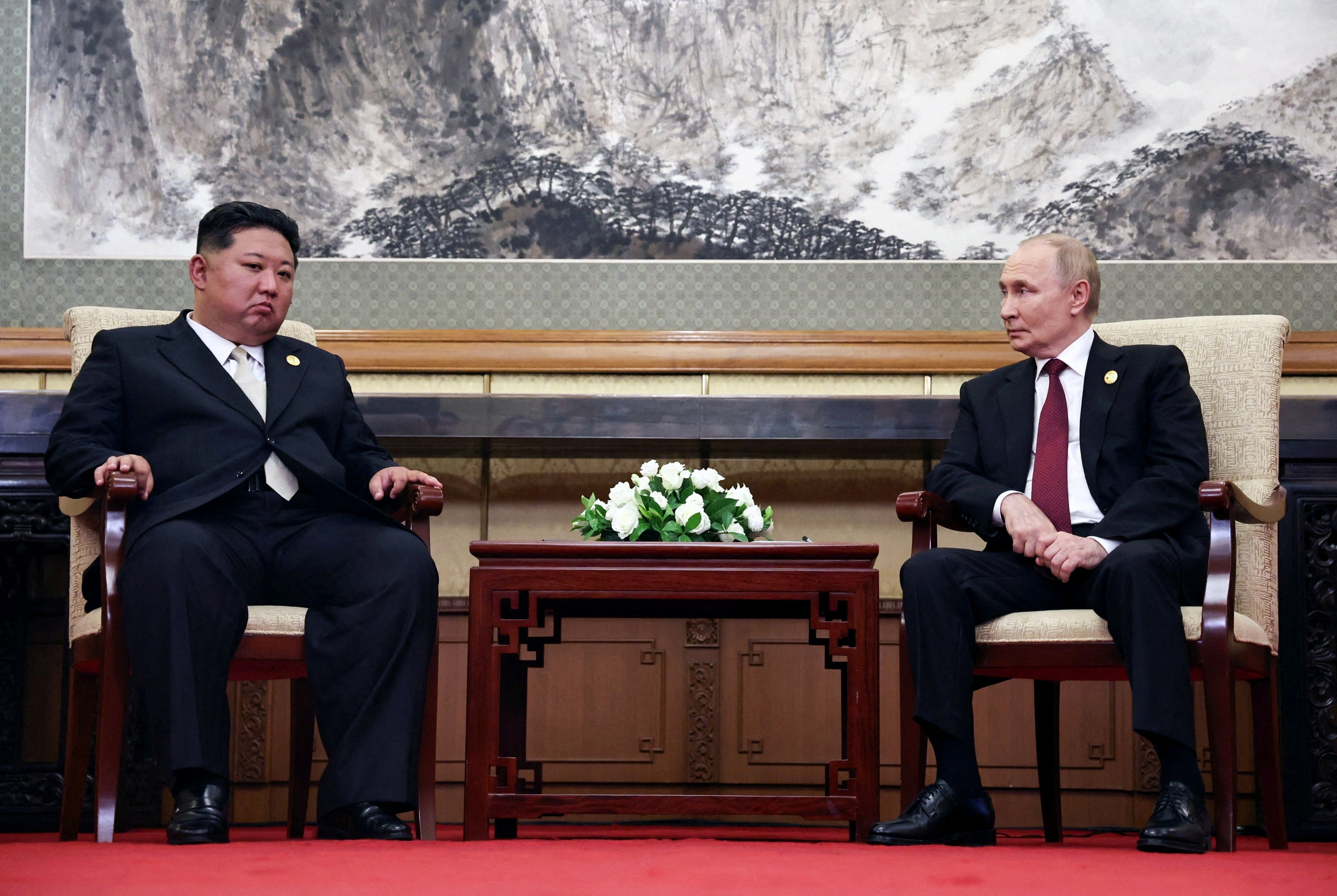 FILE PHOTO: Russian President Vladimir Putin and North Korean leader Kim Jong Un attend a meeting in Beijing, China September 3, 2025. Sputnik/Alexander Kazakov/Pool via REUTERS /File Photo