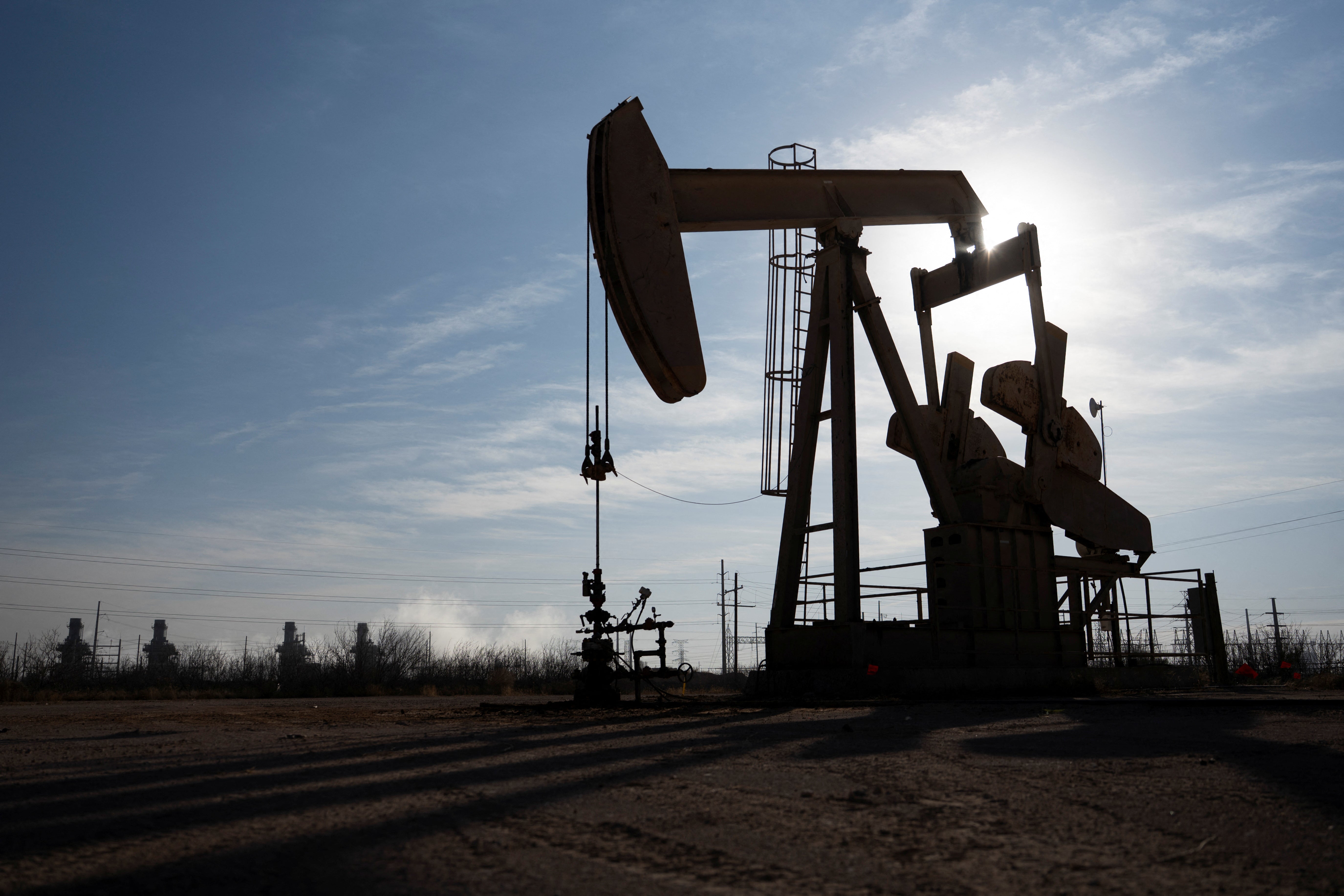 A pump jack operates near a gas turbine power plant in the Permian Basin oil field outside of Odessa, Texas, U.S. February 18, 2025.  REUTERS/Eli Hartman