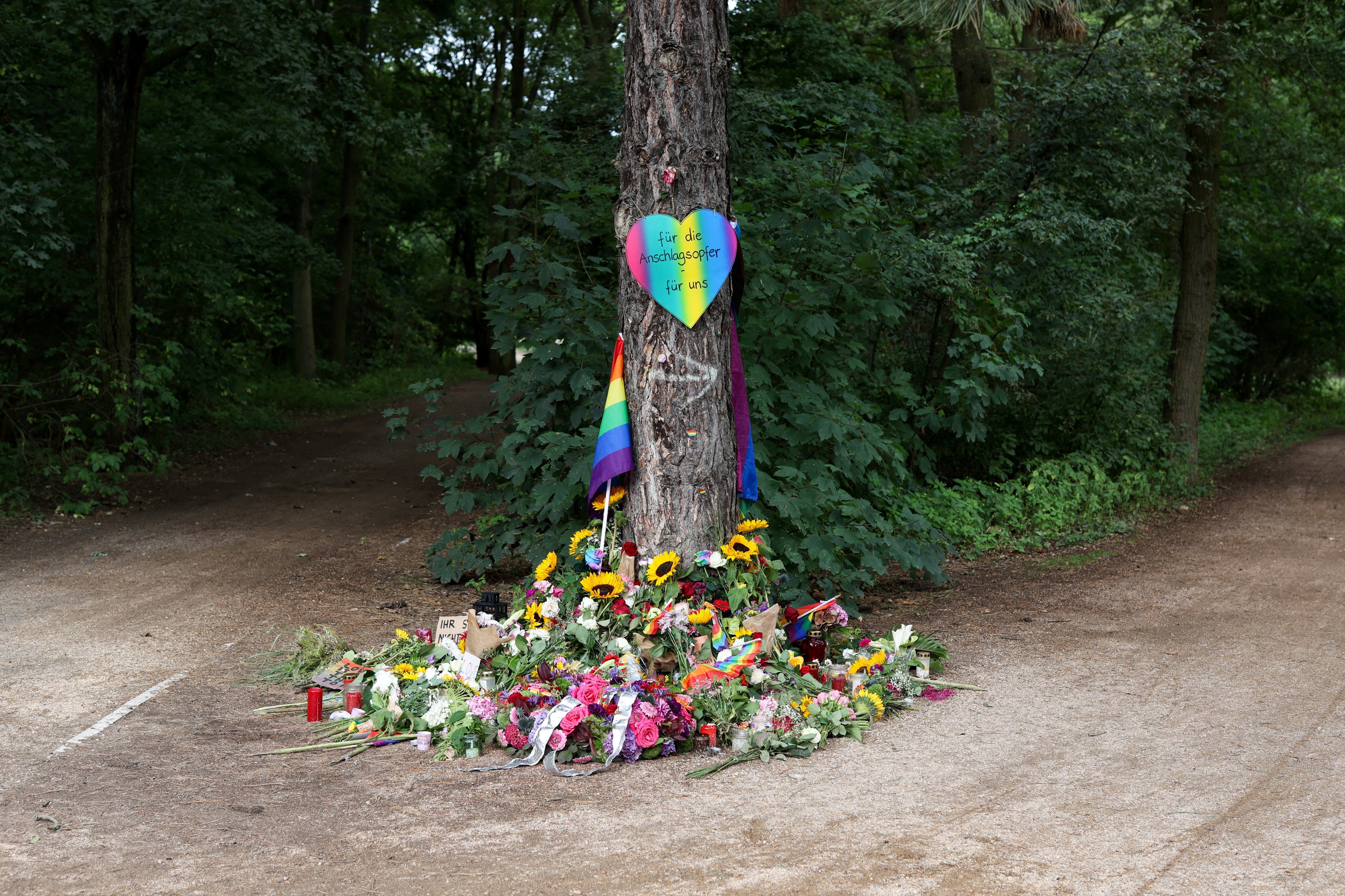 A view of a makeshift memorial at Tiergarten park after a deadly incident in which a vehicle crashed into a crowd near Berlin's annual Christopher Street Day Pride parade on Saturday evening, leaving multiple people injured and the parade called off, in