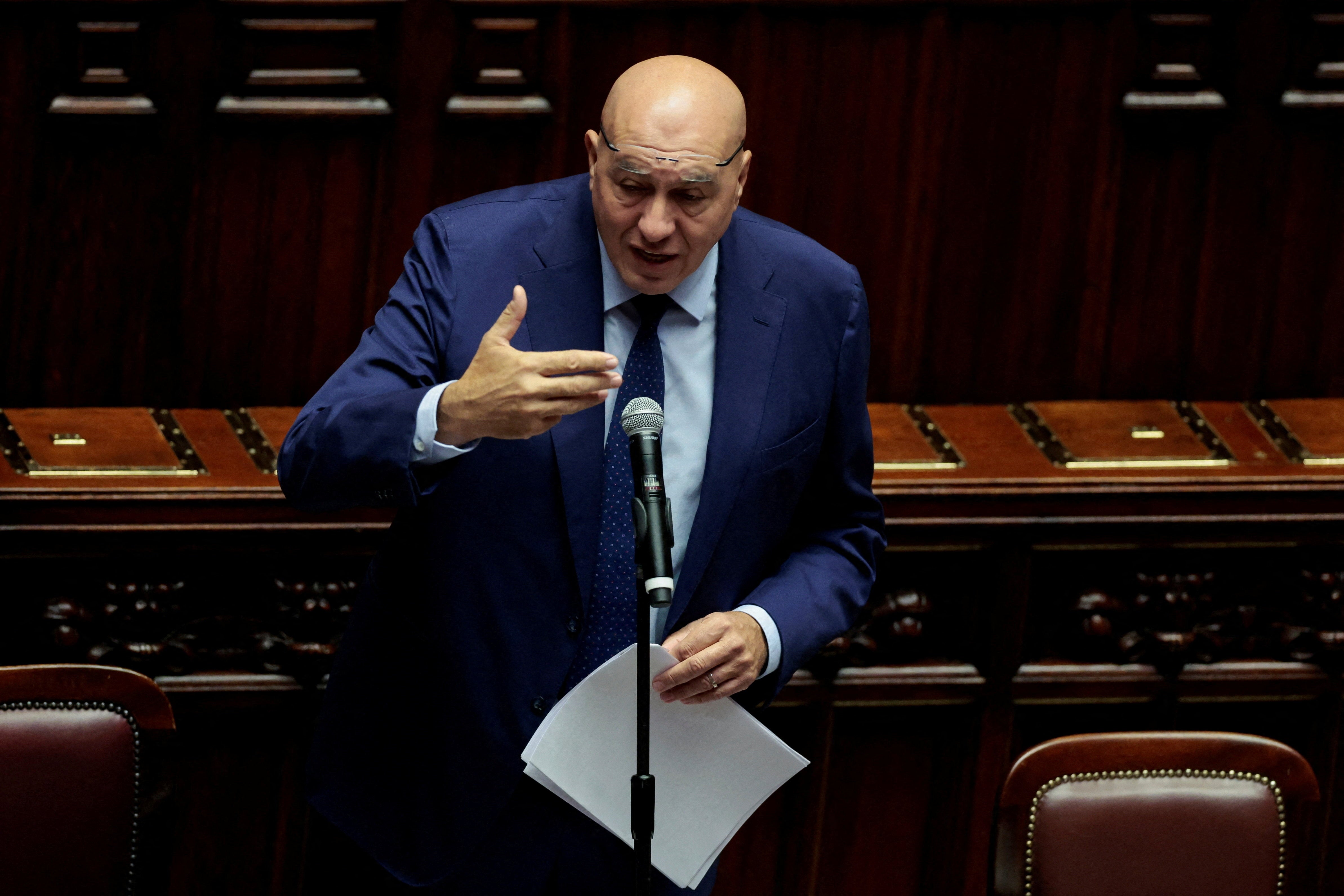FILE PHOTO: Italy's Defence Minister Guido Crosetto addresses the Parliament, saying the country will send a second navy ship to escort the Global Sumud Flotilla heading to Gaza trying to deliver supplies, in Rome, Italy, September 25, 2025. REUTERS/Remo