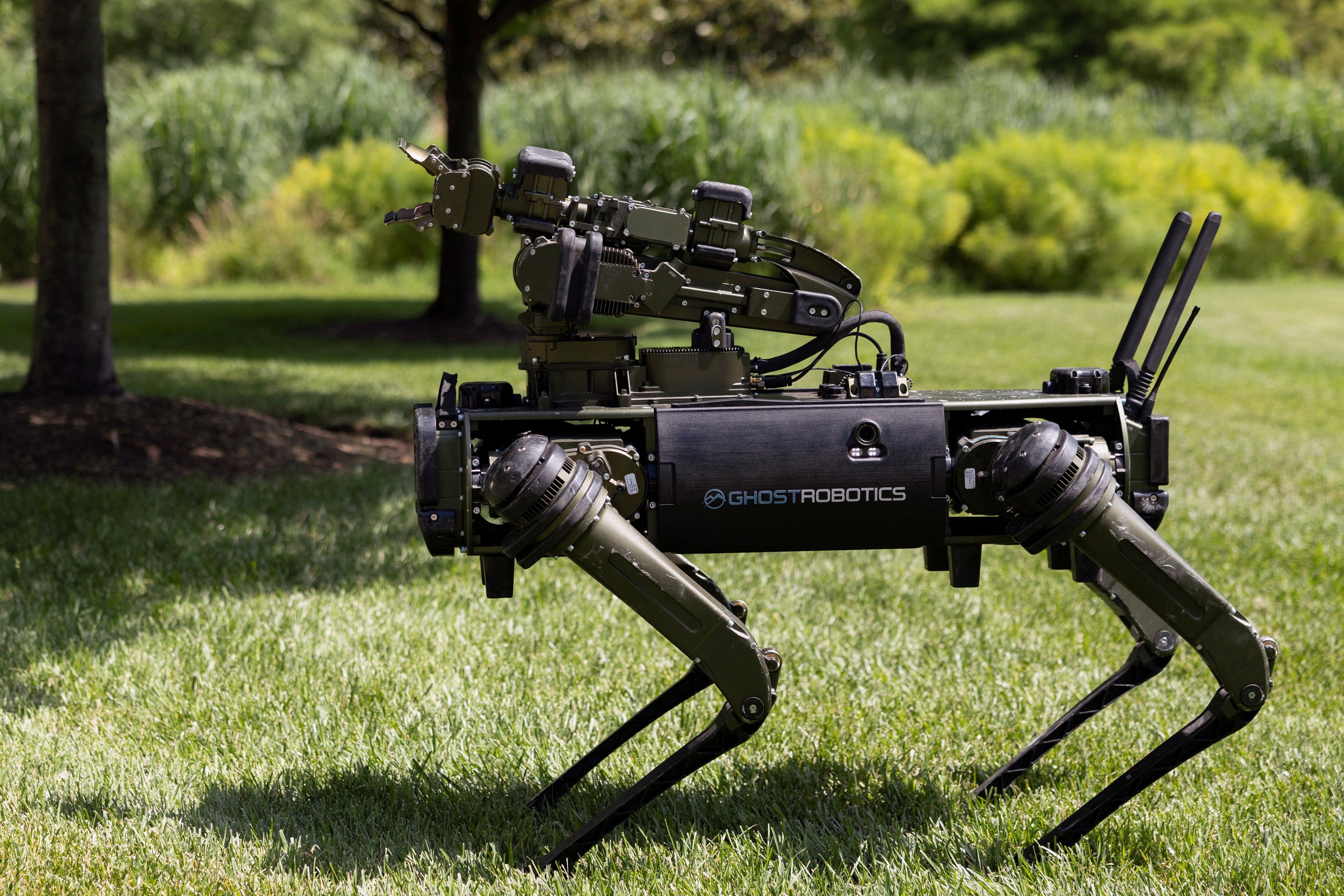 A robot dog outside of the Ghost Robotics headquarters in Philadelphia, Pennsylvania, U.S., July 8, 2026.  REUTERS/Rachel Wisniewski