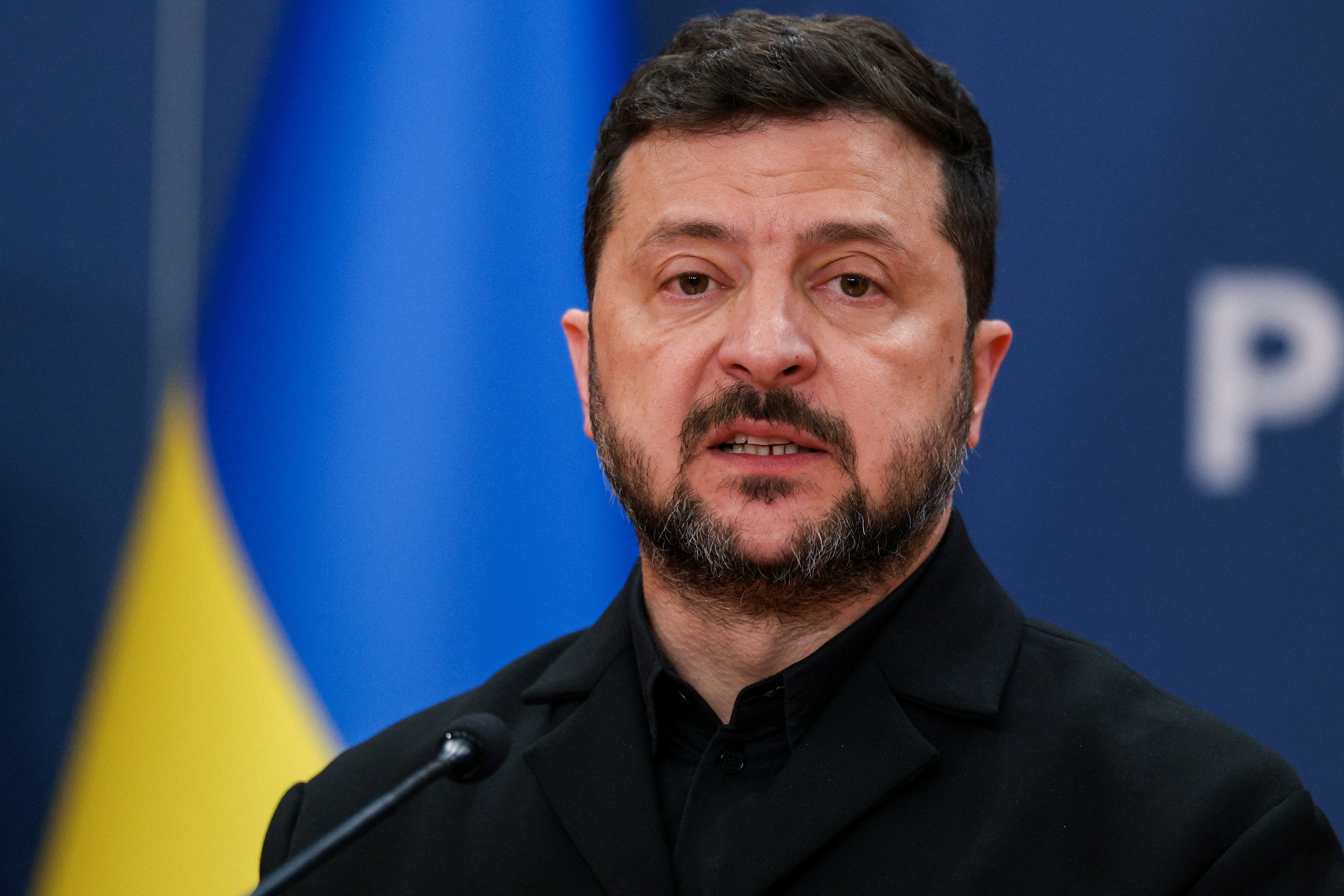 Ukrainian President Volodymyr Zelenskiy speaks at a press conference with Serbian President Aleksandar Vucic (not pictured) during his visit to Belgrade, Serbia, August 8, 2026. REUTERS/Marko Djurica
