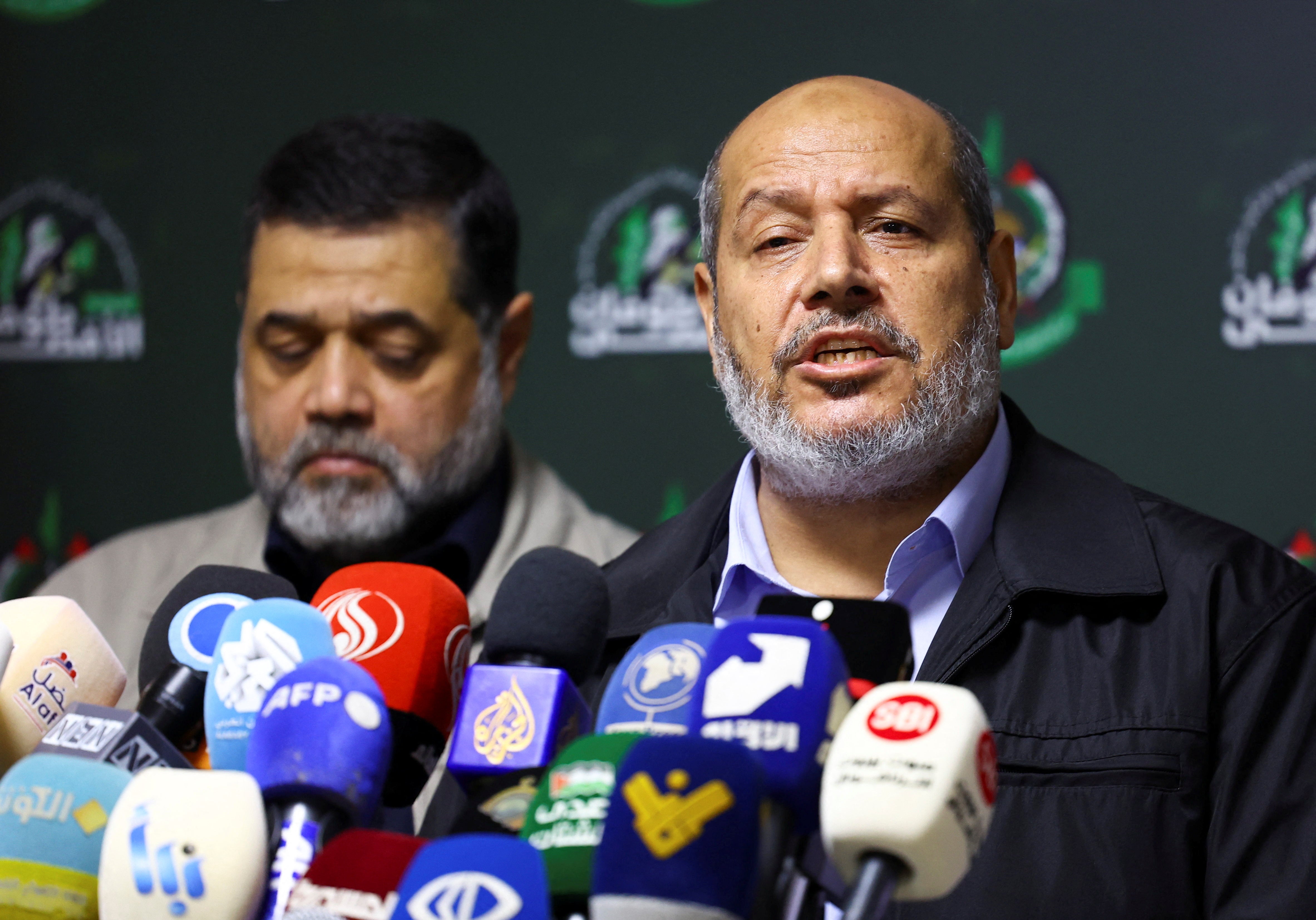 Hamas officials, Khalil Al-Hayya and Osama Hamdan, attend a press conference in Beirut, Lebanon, November 21, 2023. REUTERS/Esa Alexander